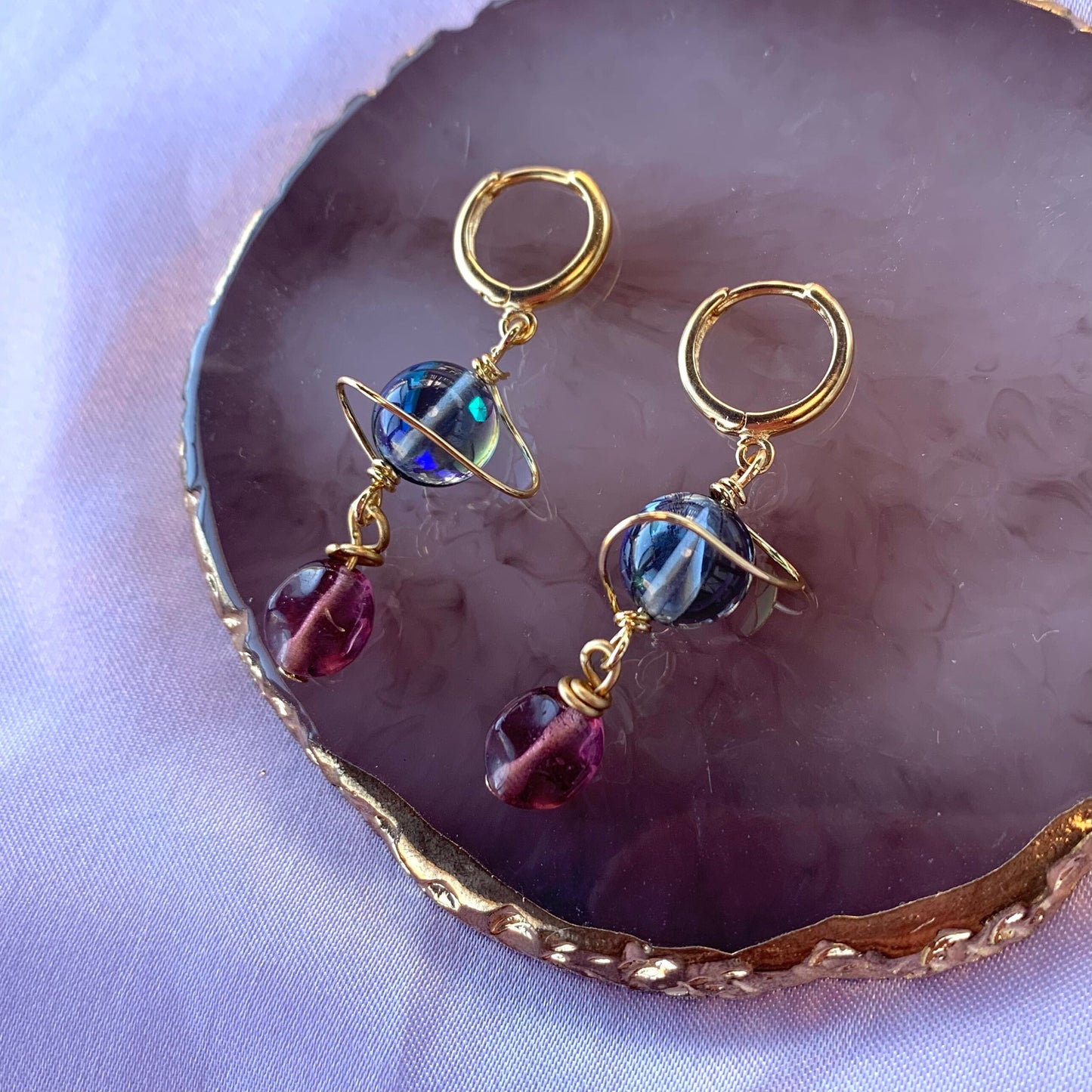 Space statement Saturn planet handmade gold plated hoop earrings