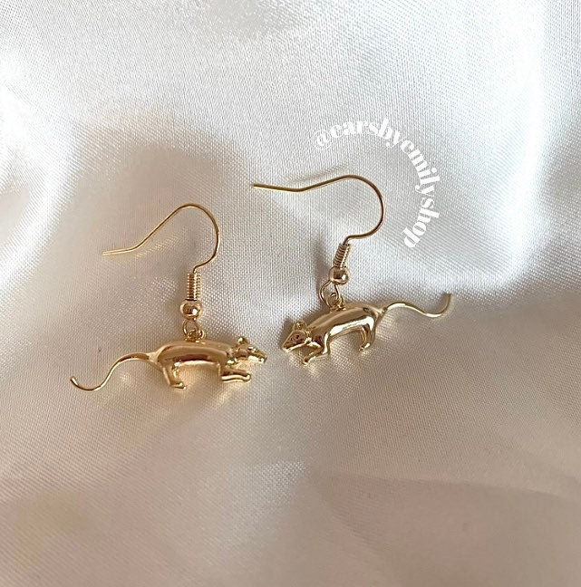 Gold plated mouse/ rat rodent dangle earrings