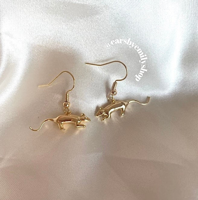 Gold plated mouse/ rat rodent dangle earrings