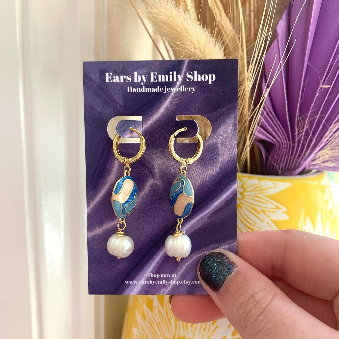 Gorgeous blue and cream enamel oval and freshwater pearl drop dangle earrings handmade on a 18k gold plated hoop