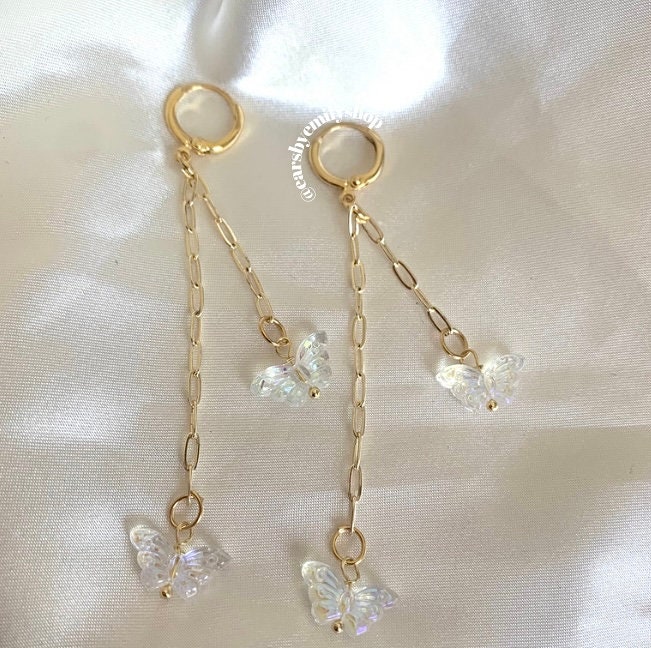 Gold clear chain butterfly hoop earrings