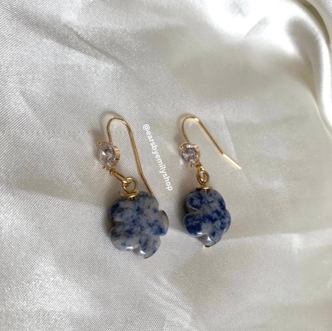 Gold plated semi precious flower crystal drop dangle earrings with diamanté - rose quartz, carnelian, green aventurine, agate