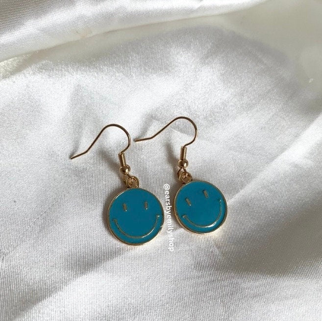Blue smiley face dangle gold earrings