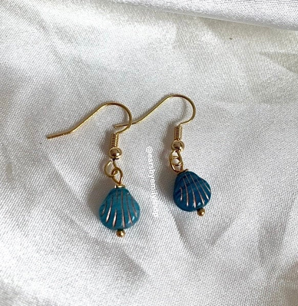 Cool quirky beach inspired blue clam shell earrings on 18k gold plated hooks