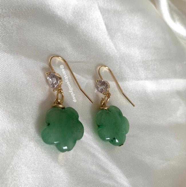 Gold plated semi precious flower crystal drop dangle earrings with diamanté - rose quartz, carnelian, green aventurine, agate