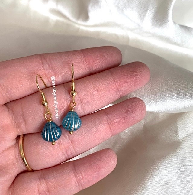 Cool quirky beach inspired blue clam shell earrings on 18k gold plated hooks