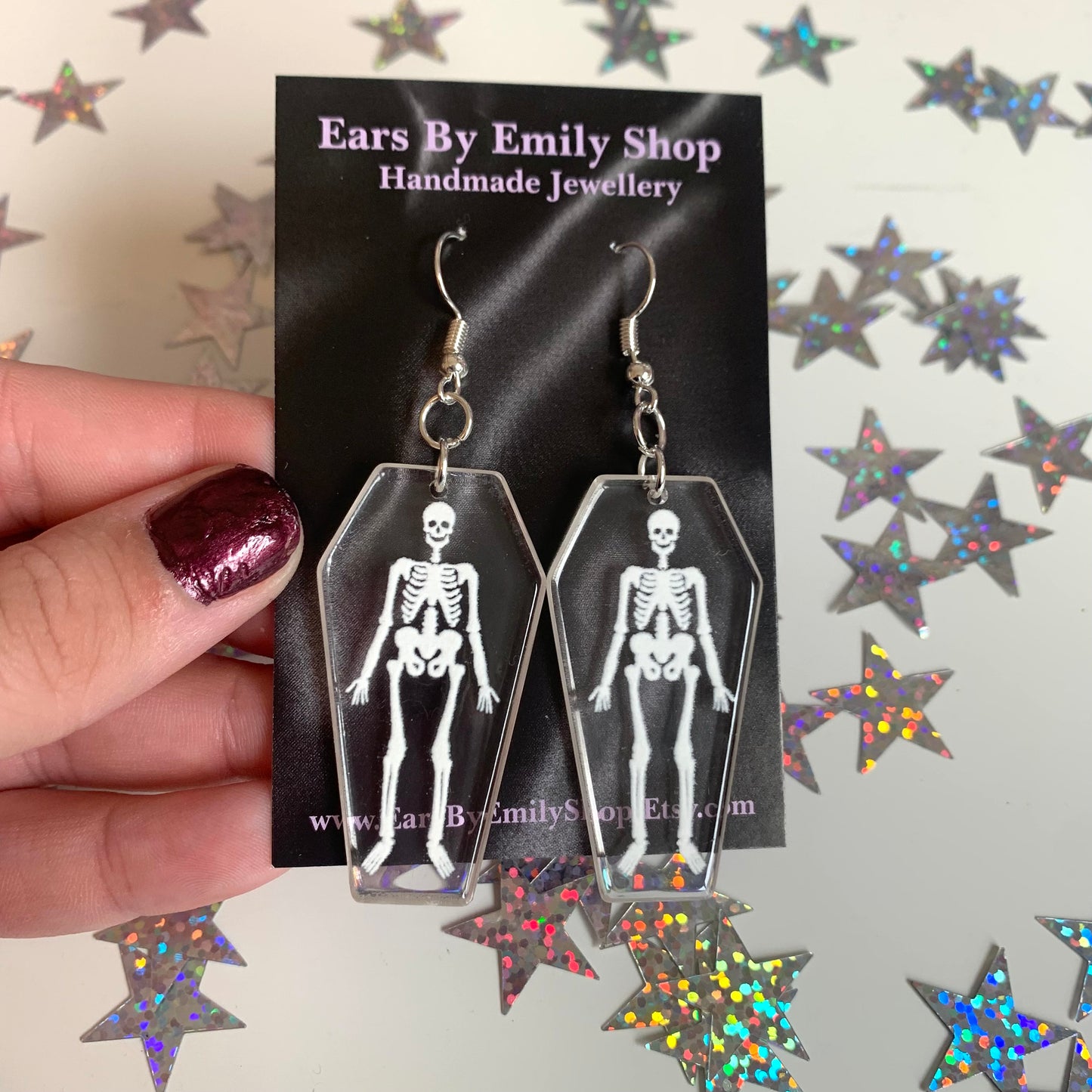 Acrylic silver plated skeleton coffin Halloween earrings