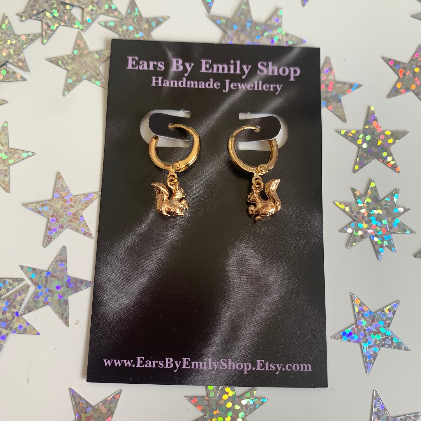 Gold plated squirrel huggie hoop earrings