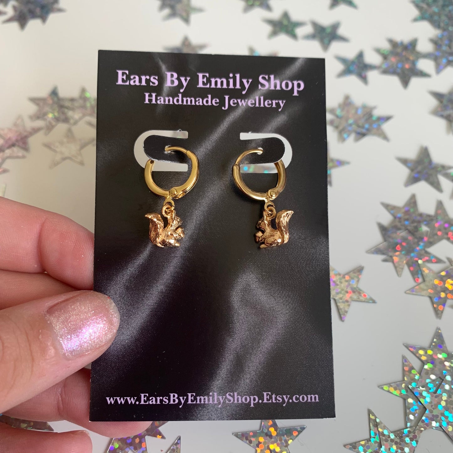 Gold plated squirrel huggie hoop earrings