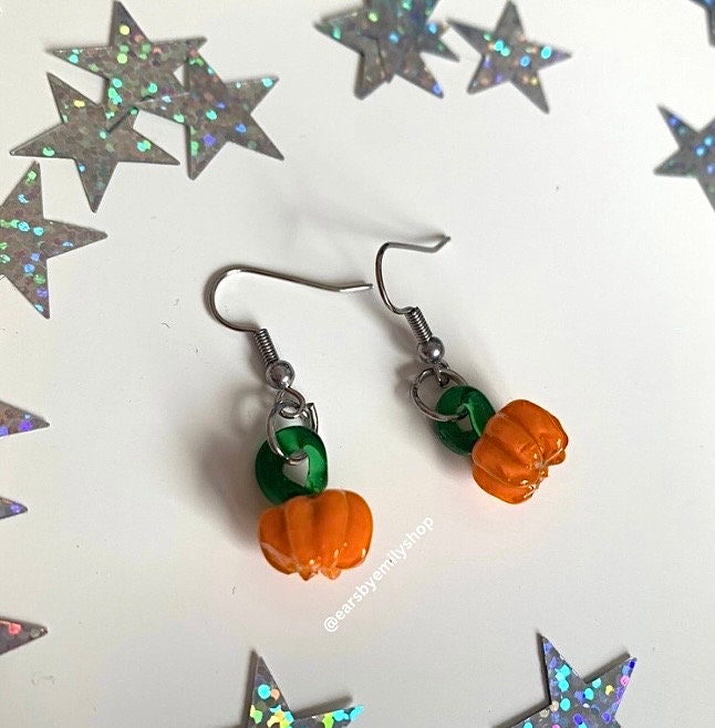 Orange glass lampwork pumpkin dangle Halloween surgical steel earrings