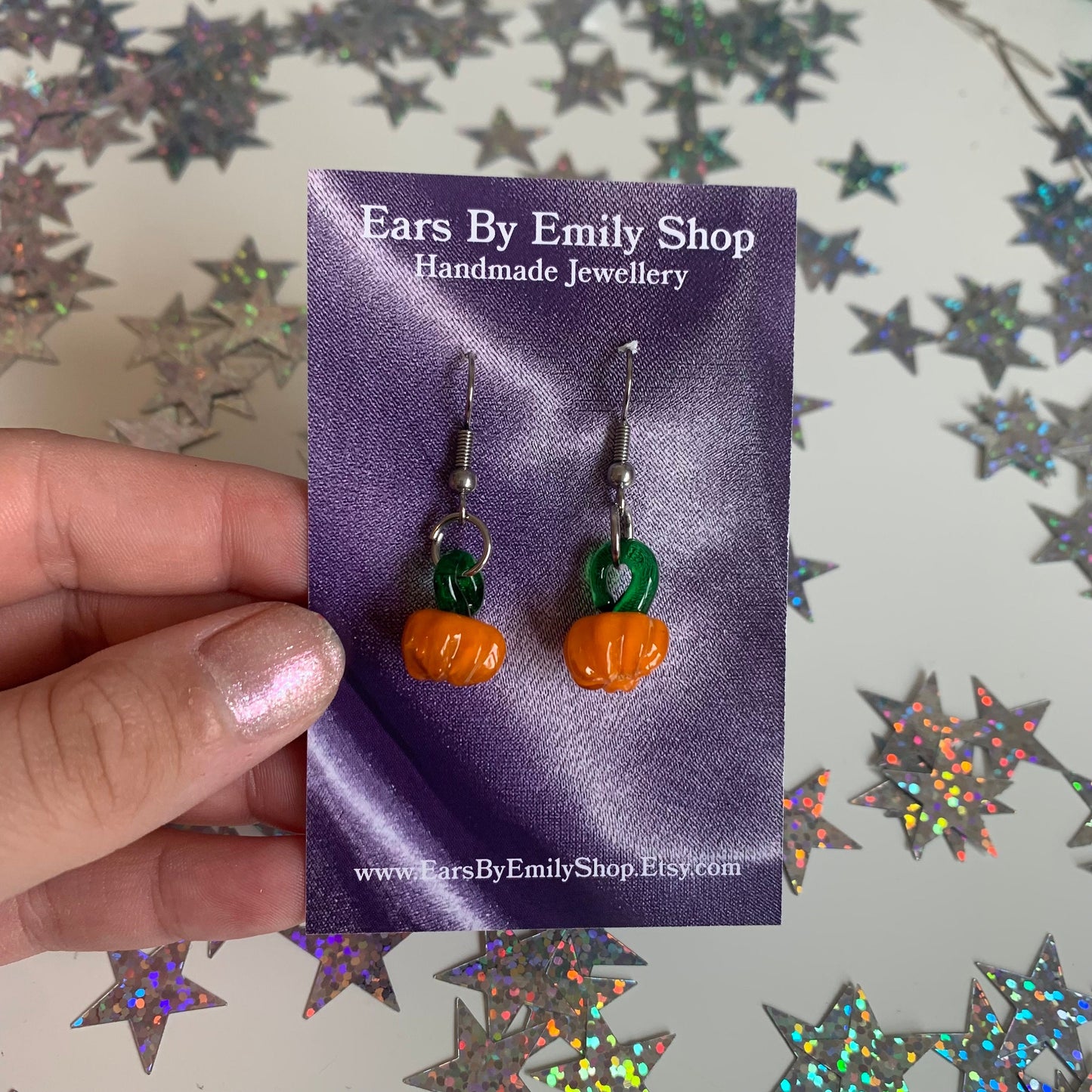 Orange glass lampwork pumpkin dangle Halloween surgical steel earrings