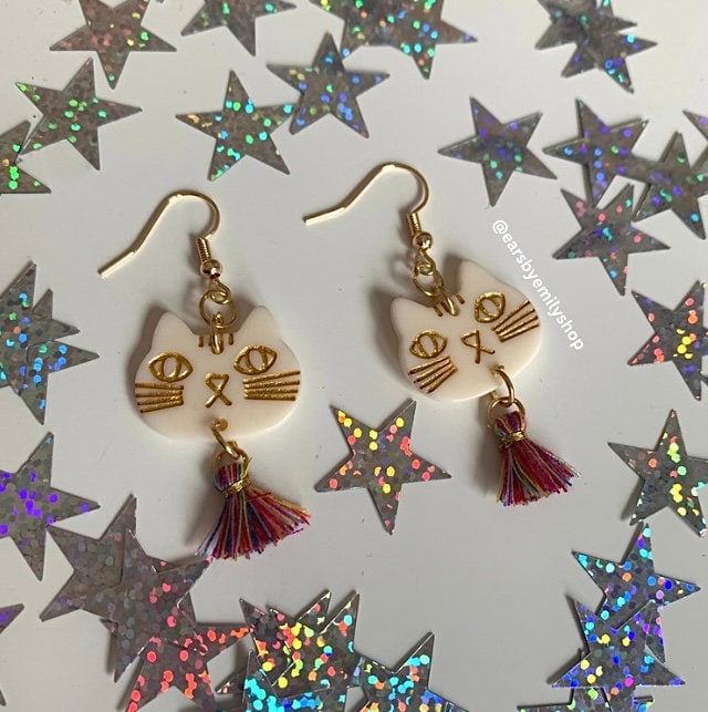 Gold plated cat with rainbow tassels earrings