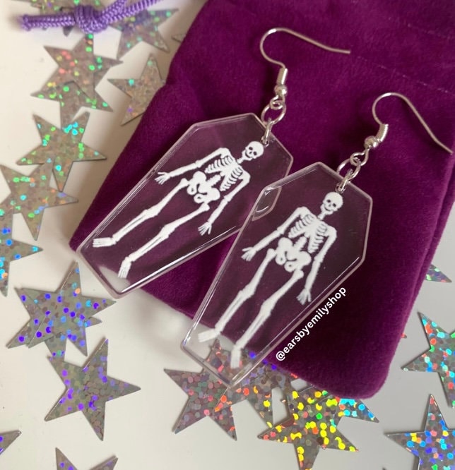 Acrylic silver plated skeleton coffin Halloween earrings