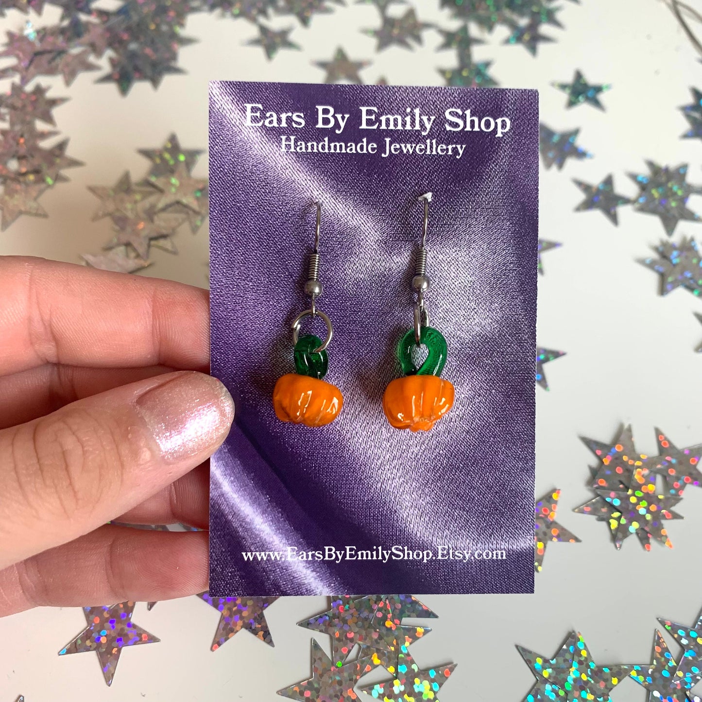 Orange glass lampwork pumpkin dangle Halloween surgical steel earrings