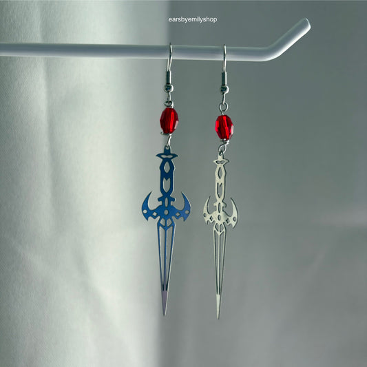 Stainless steel silver cool sword earrings with red or green bead