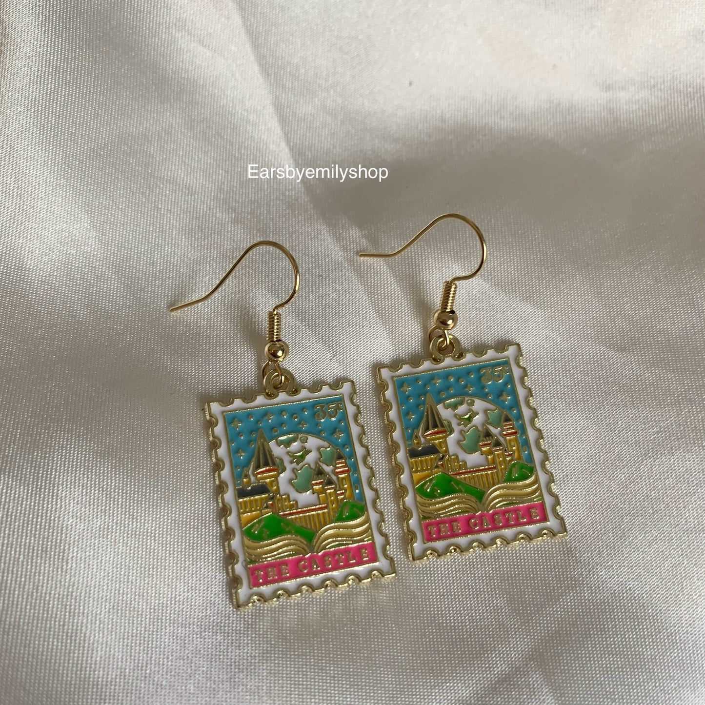 Castle stamp dangle gold earrings