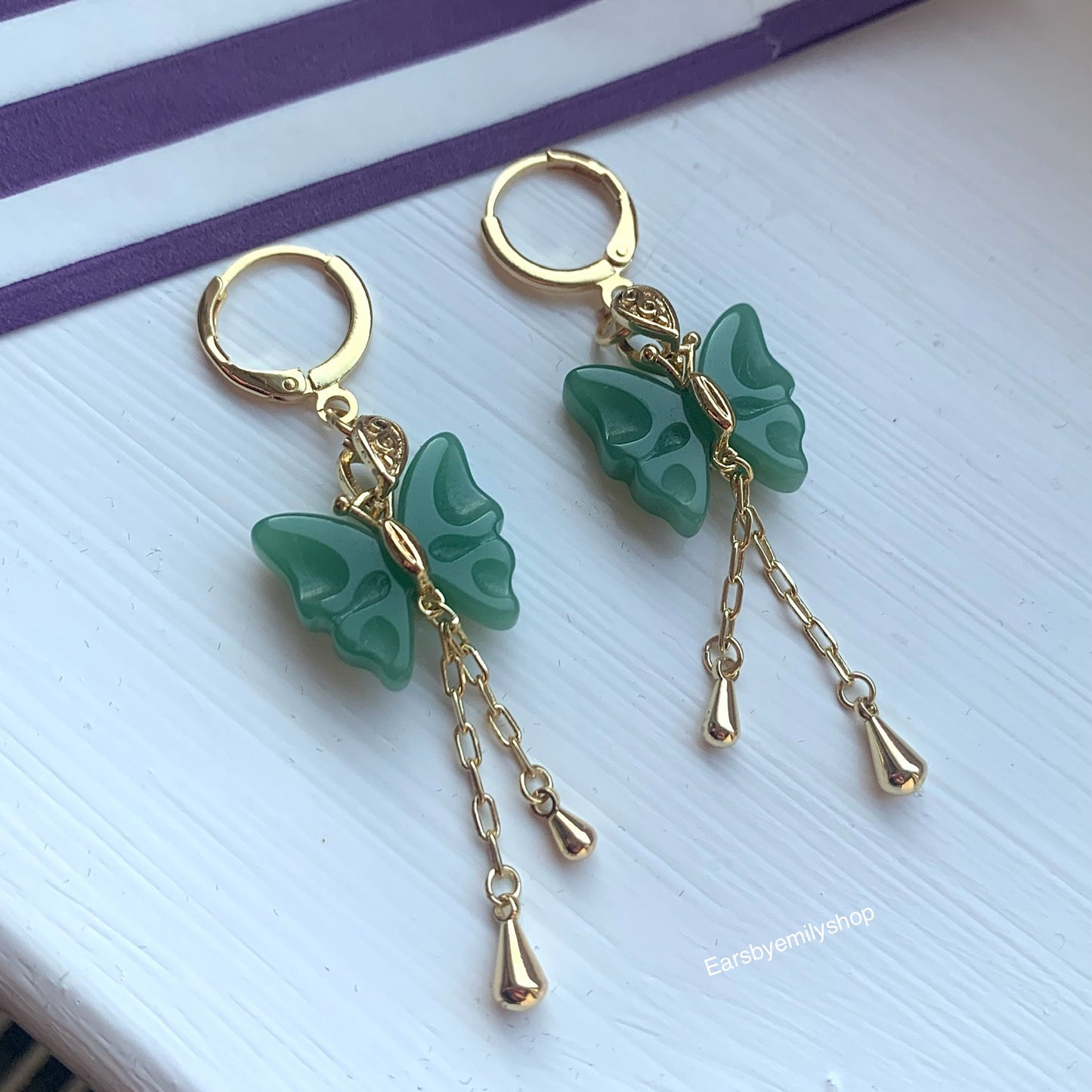 Green butterfly gold plated hoop earrings