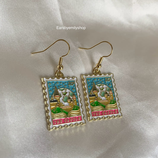 Castle stamp dangle gold earrings