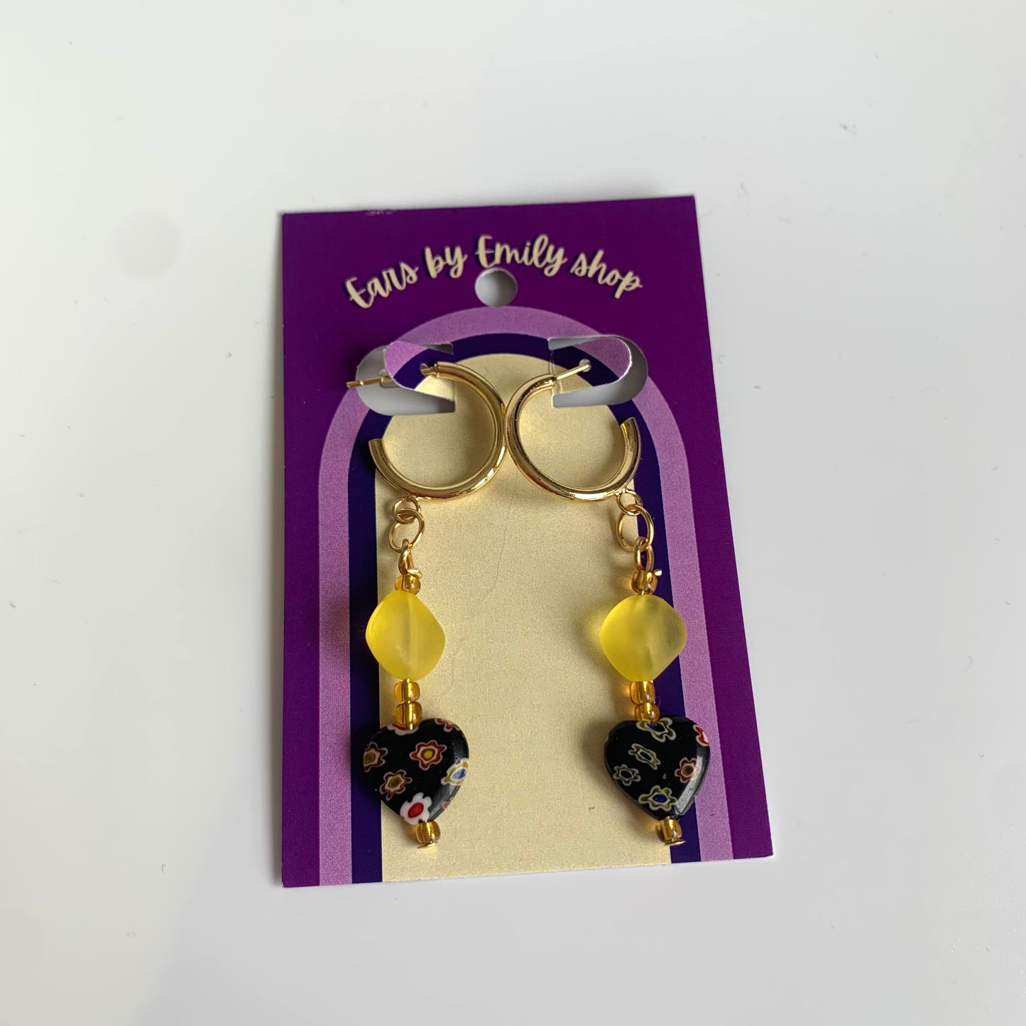 Cool gold handmade yellow and black heart studs hoop earrings