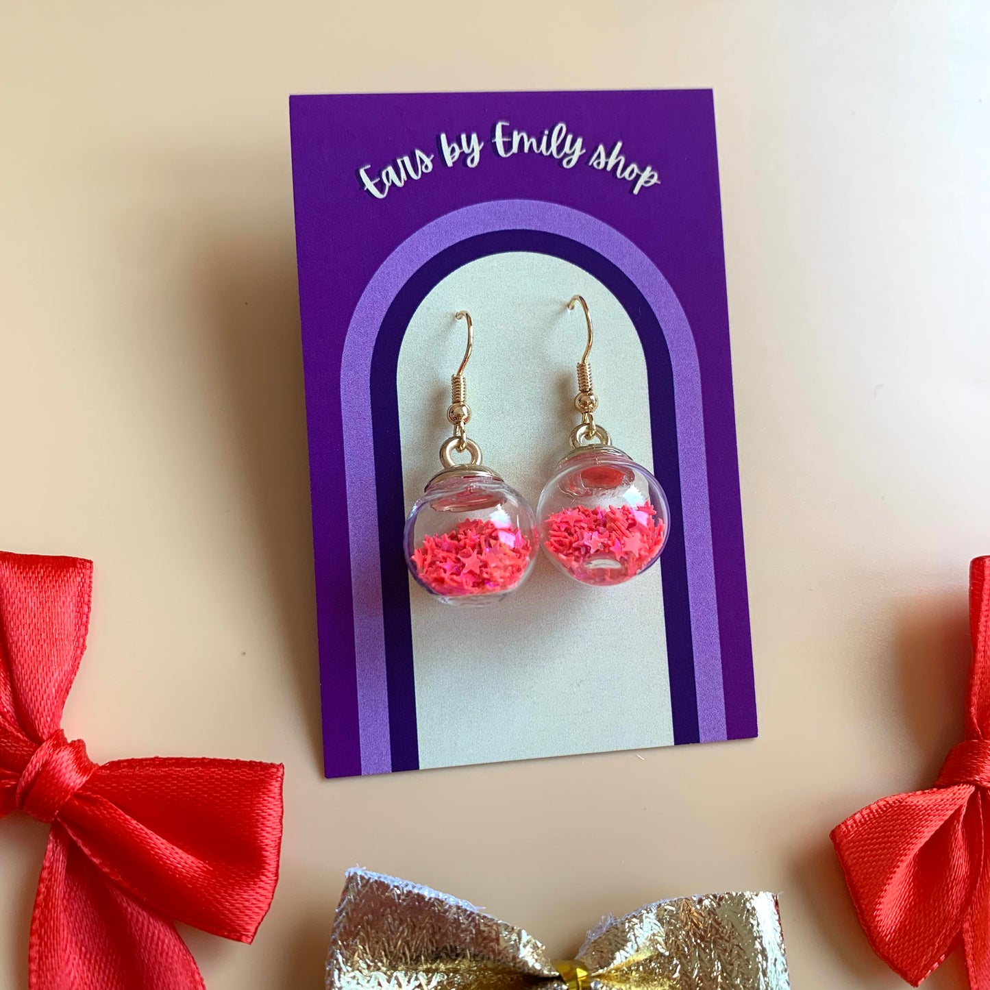 Festive pink Christmas bauble gold earrings