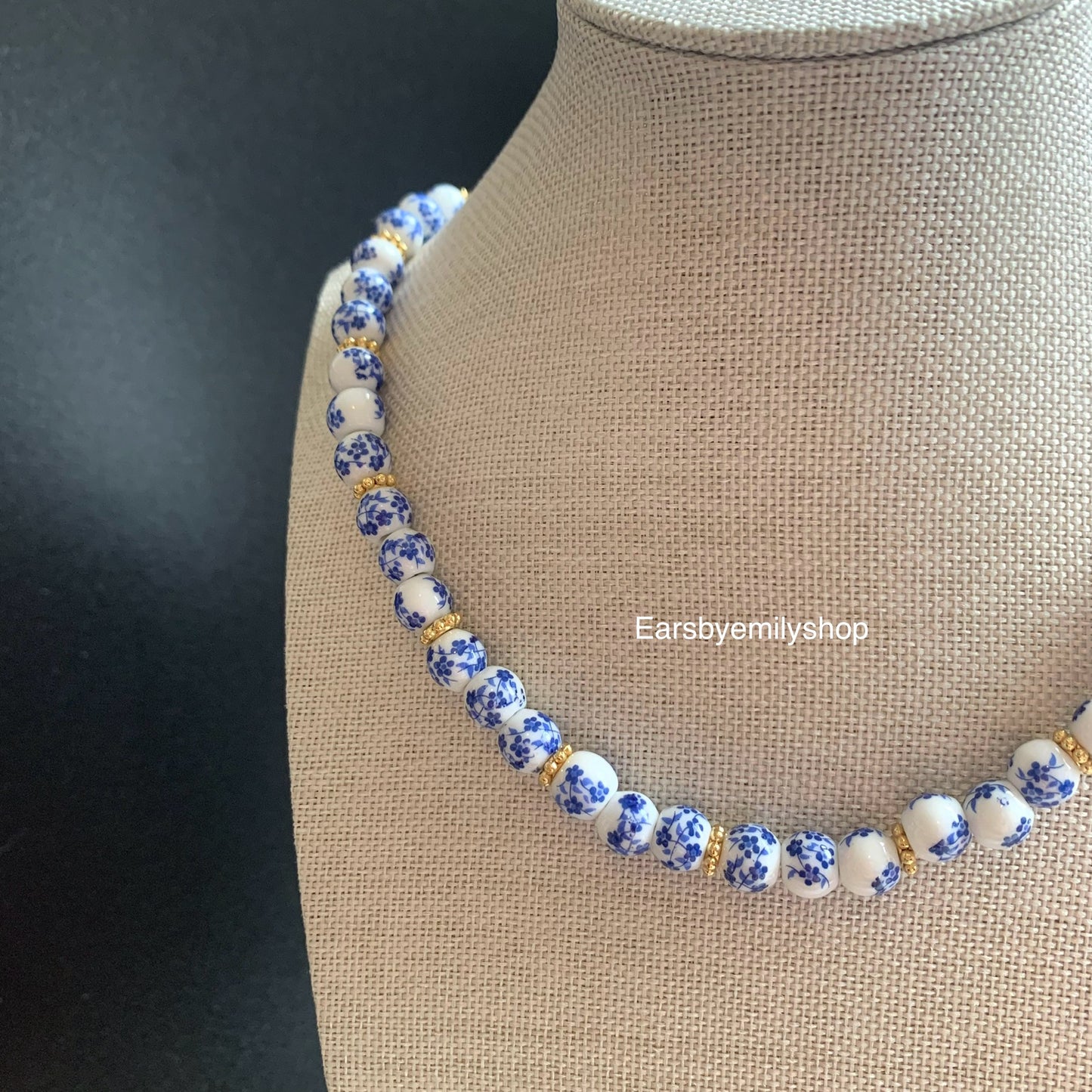 Blue and white ceramic beaded 24kt gold plated necklace