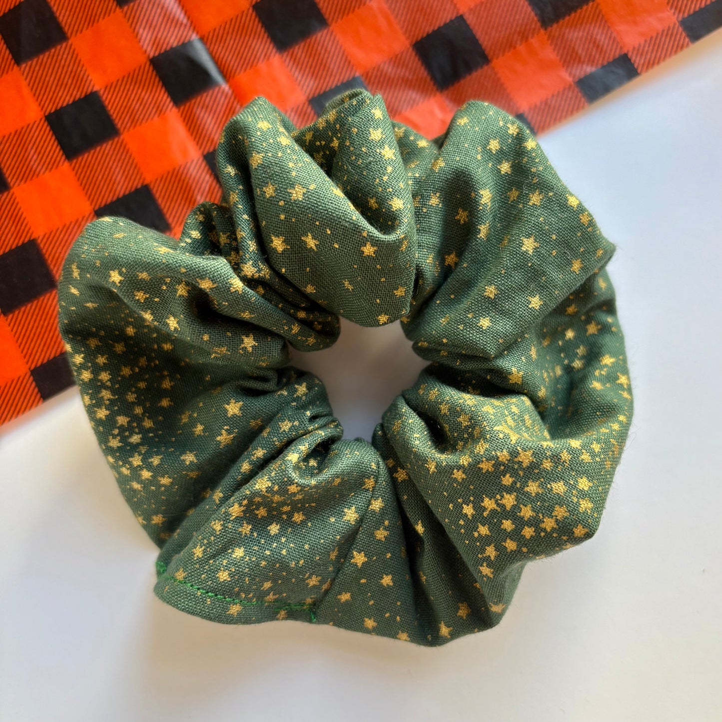 Green or red with gold glitter star Christmas large cotton scrunchie
