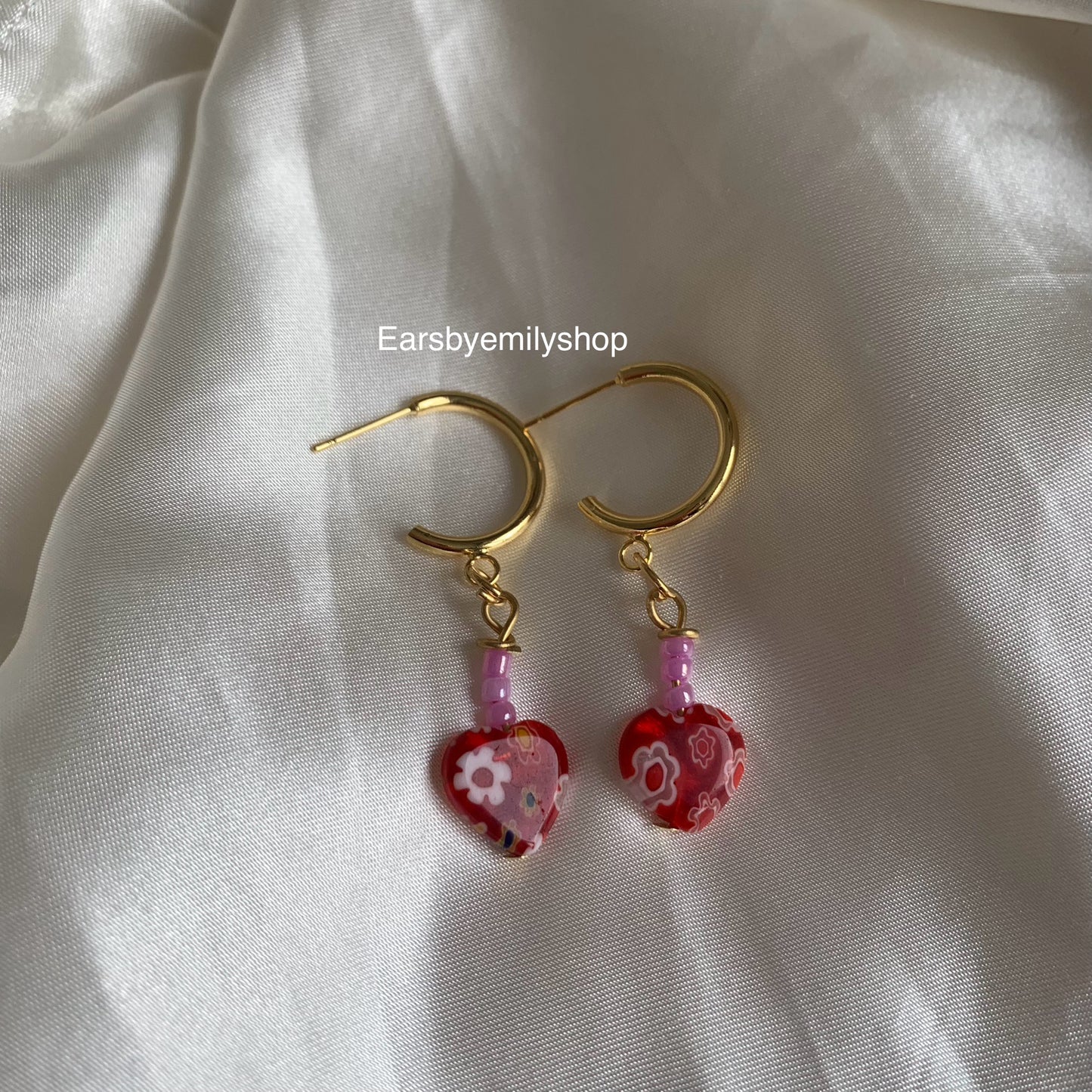 Cool gold handmade pink and red heart studs hoop earrings