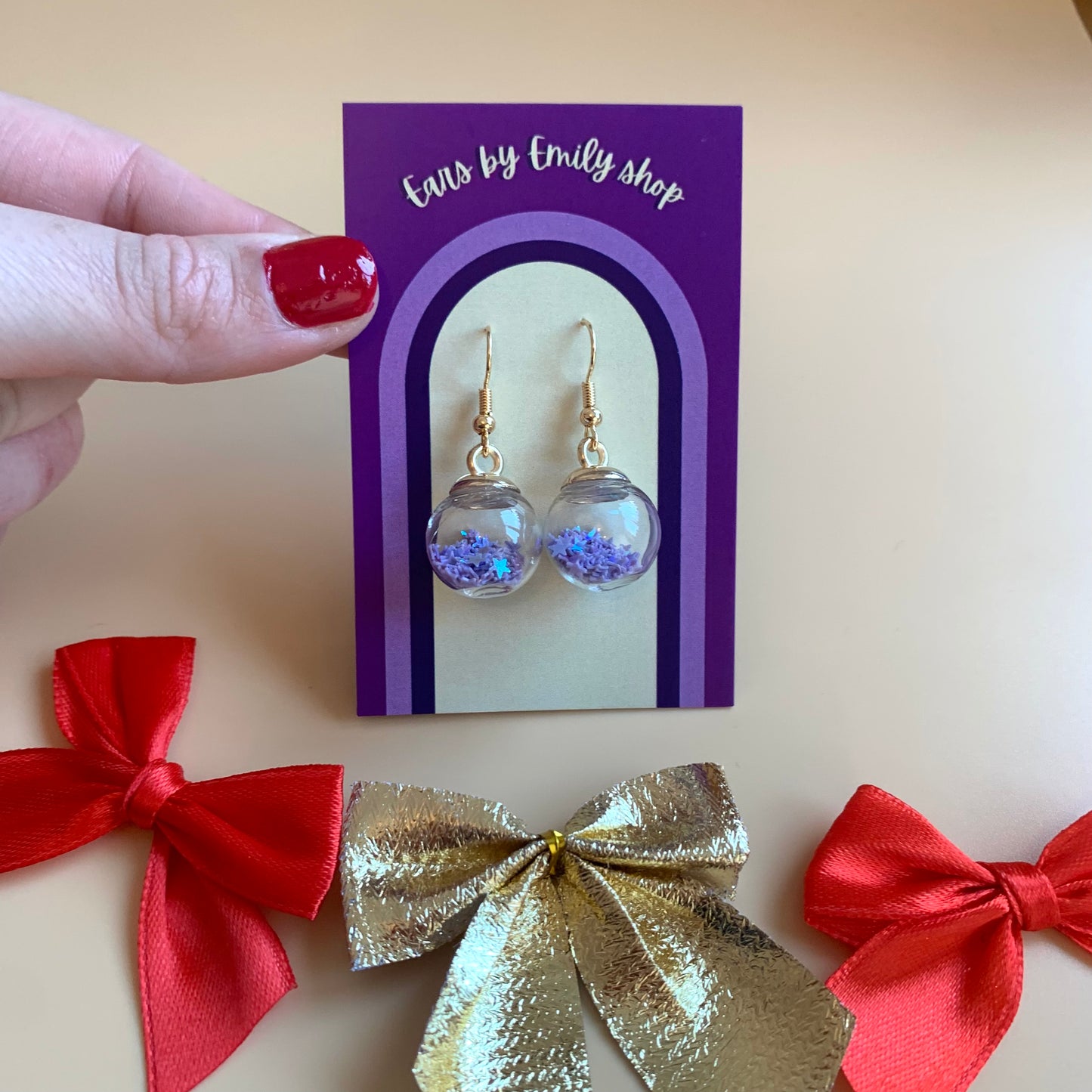 Festive purple bauble Christmas earrings