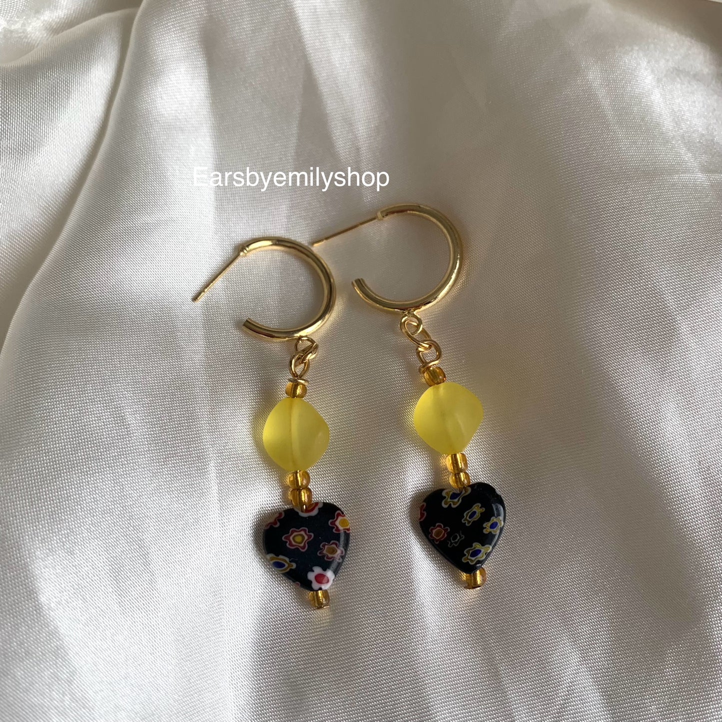 Cool gold handmade yellow and black heart studs hoop earrings