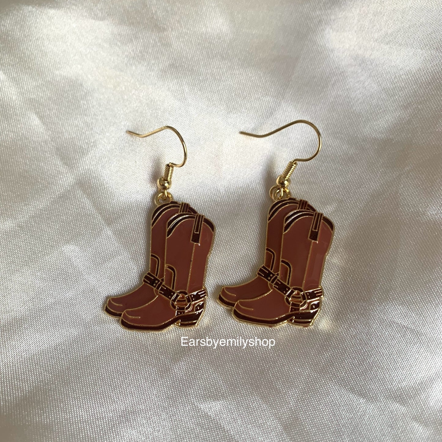 Brown cowboy boot and hat dangle gold earrings