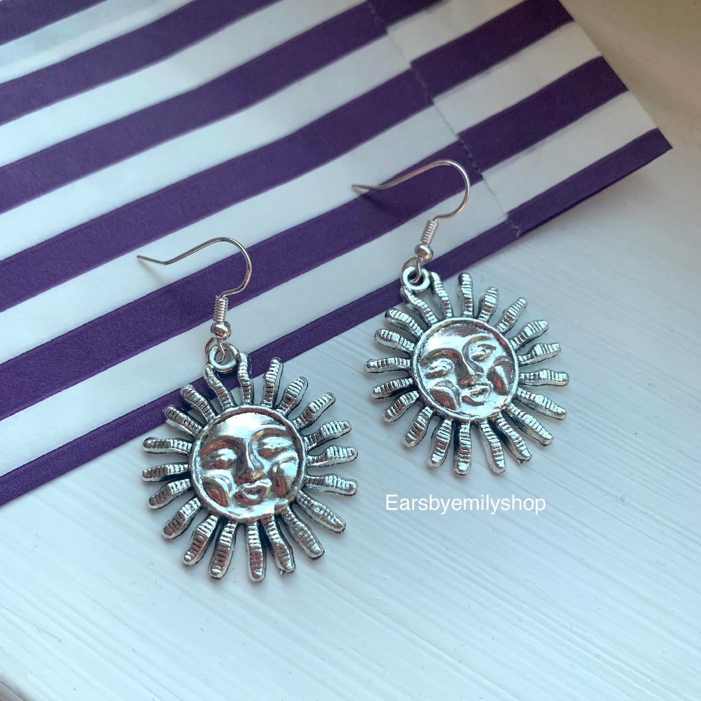 Silver or gold happy sun dangle earrings