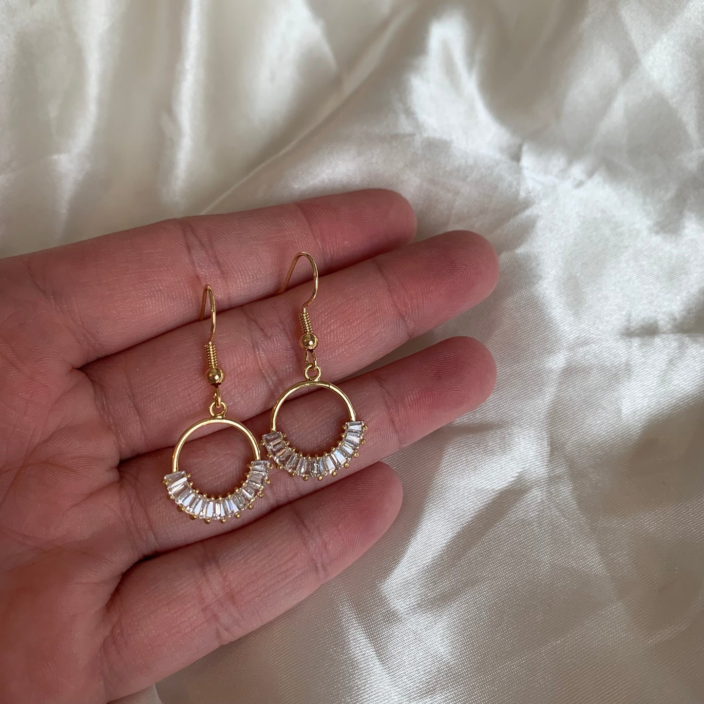 Gold plated clear crystal circle frame dangle earrings