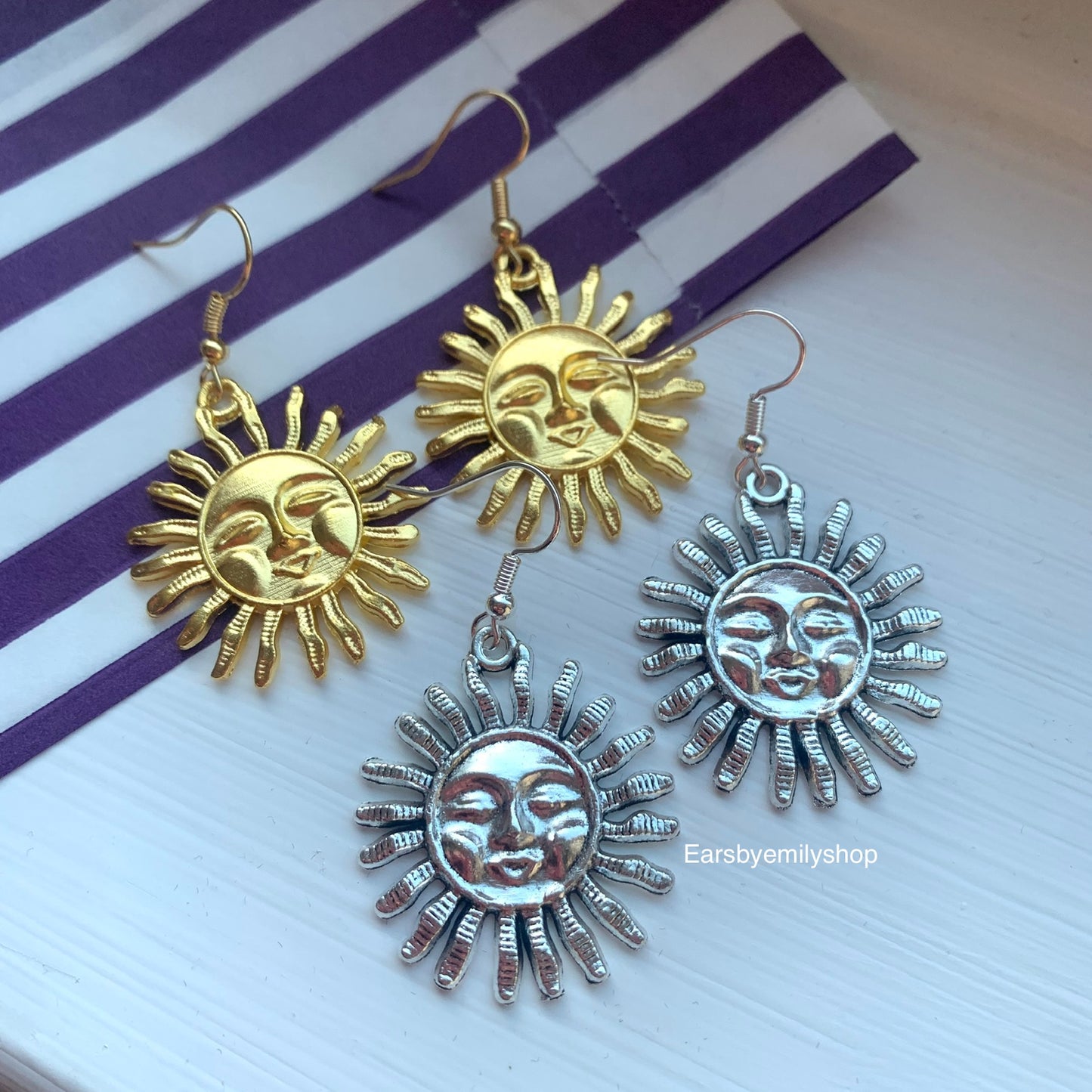 Silver or gold happy sun dangle earrings