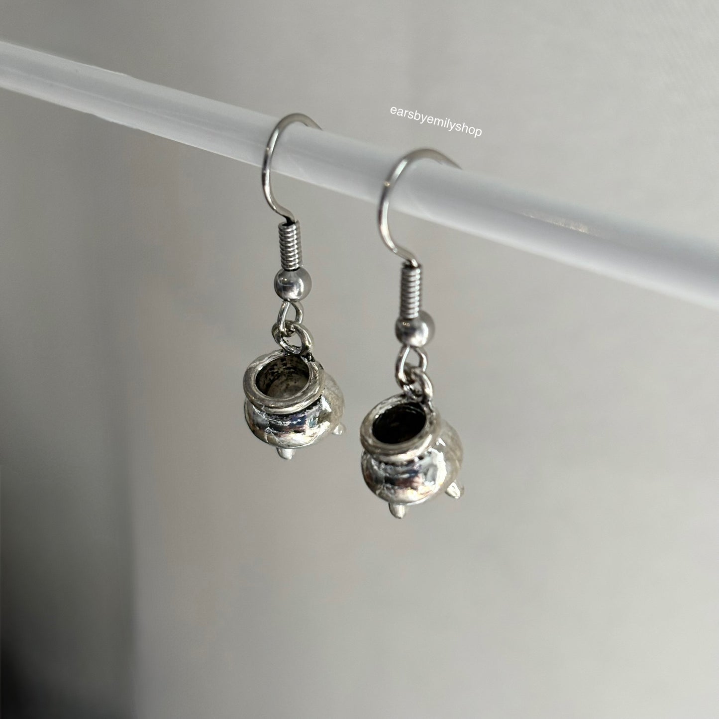 Silver cauldron dangle drop earrings