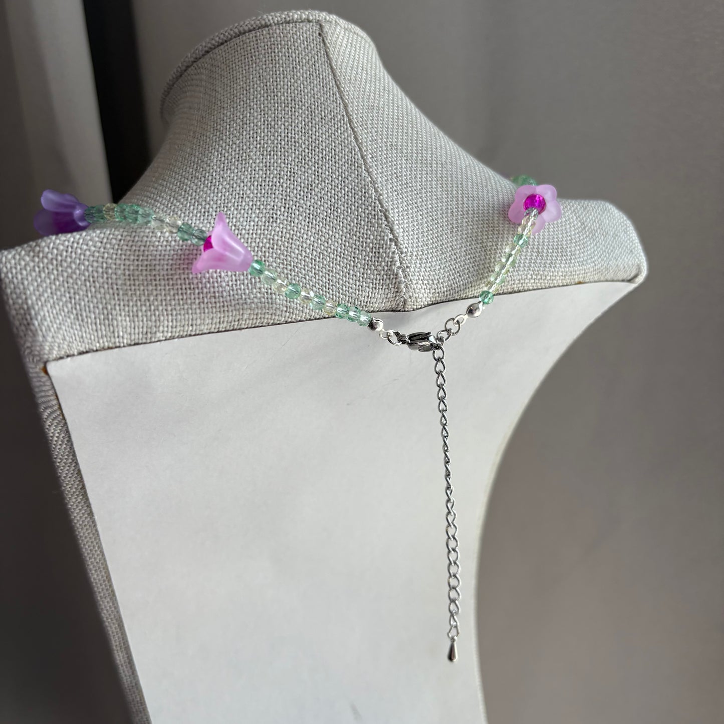 Handmade beaded pink purple and green flower choker necklace