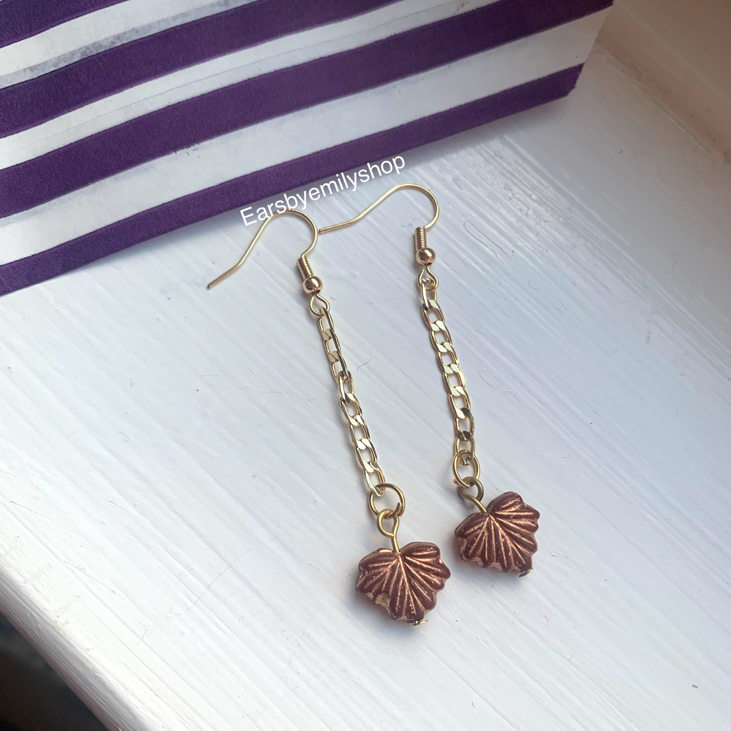 Brown autumn leaf chain gold earrings