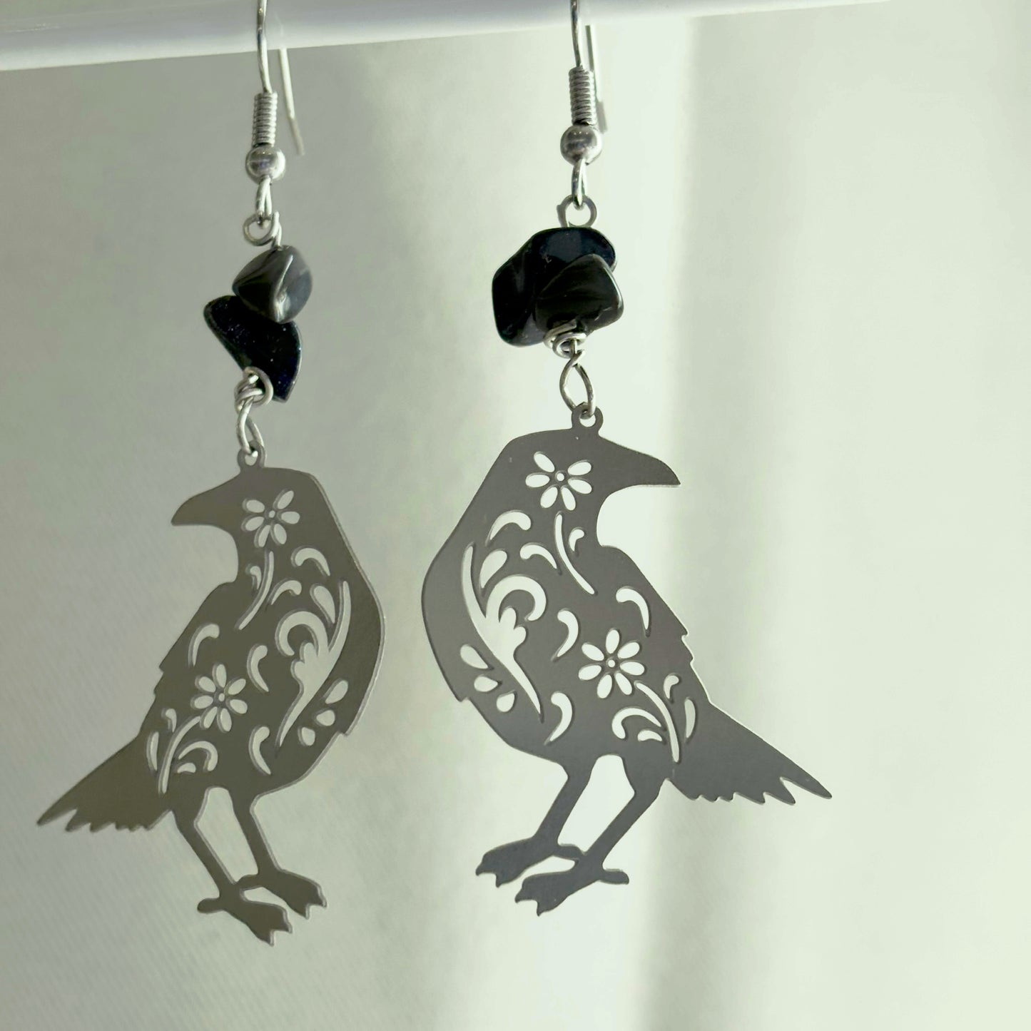Stainless steel silver floral crow dangle hypoallergenic earrings with black crystals