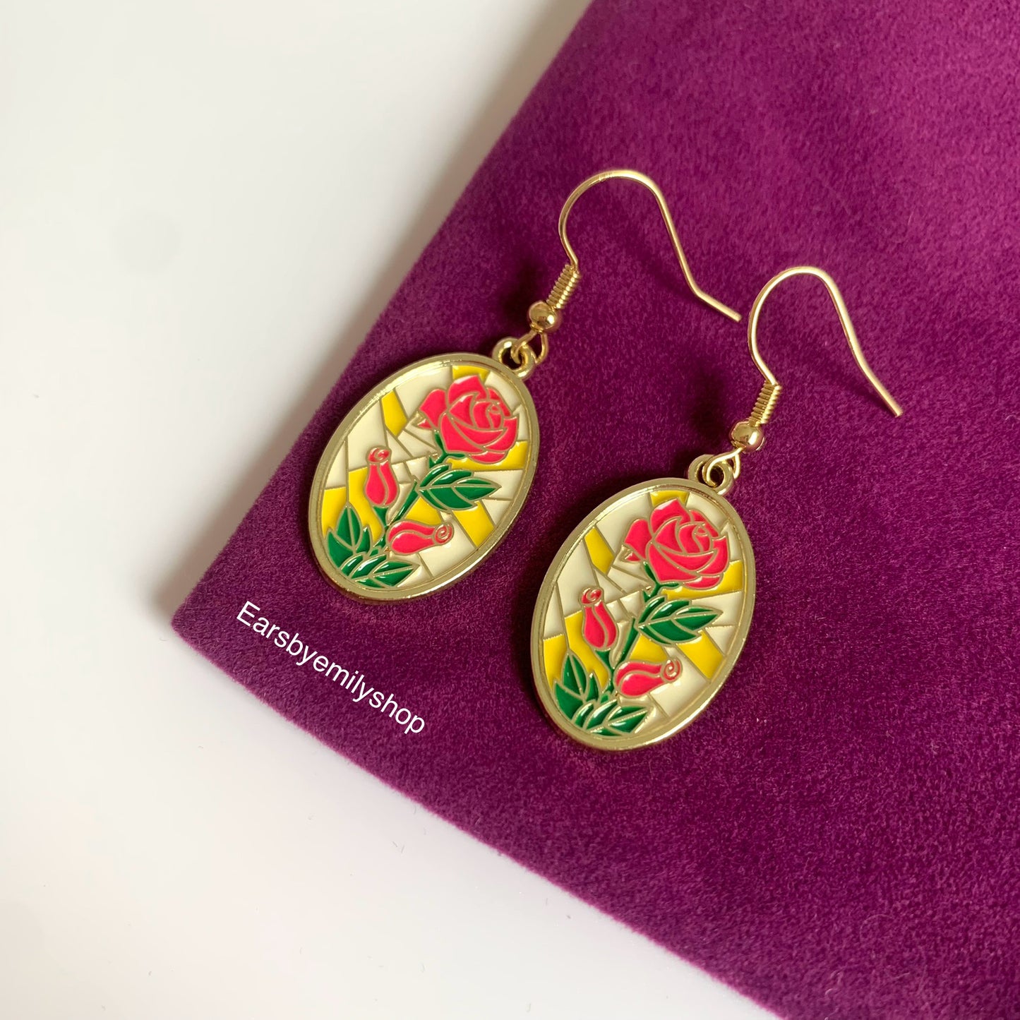 Yellow and pink rose oval mosaic gold dangle earrings