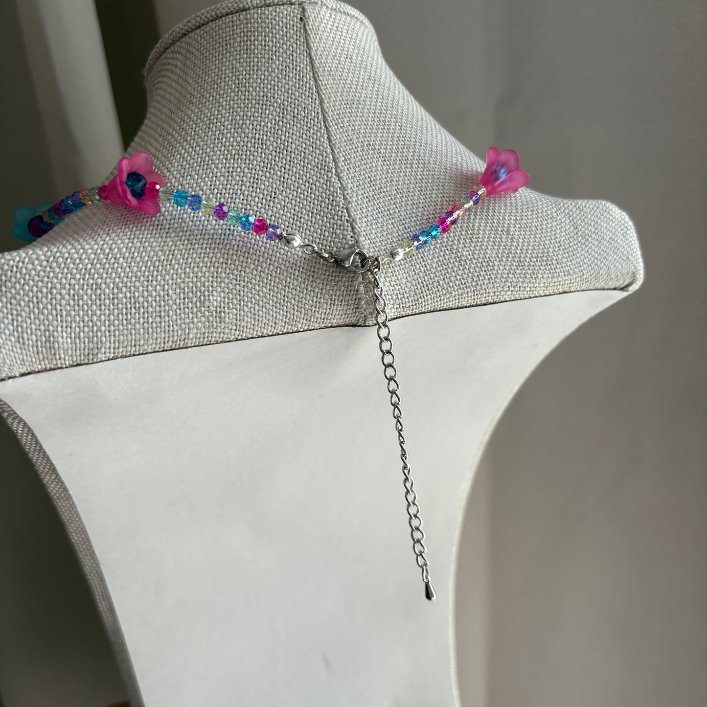 Handmade beaded pink and blue flower choker necklace