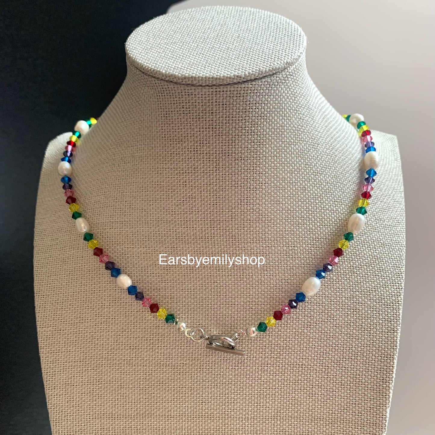 Rainbow crystal beaded freshwater pearl 24kt gold plated necklace