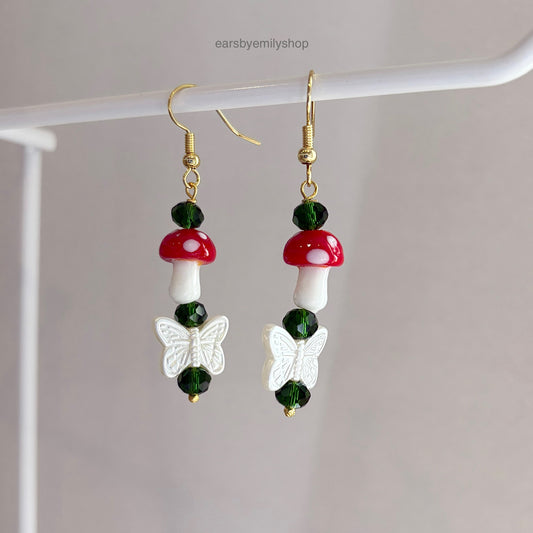 Gold plated mushroom and butterfly dangle earrings