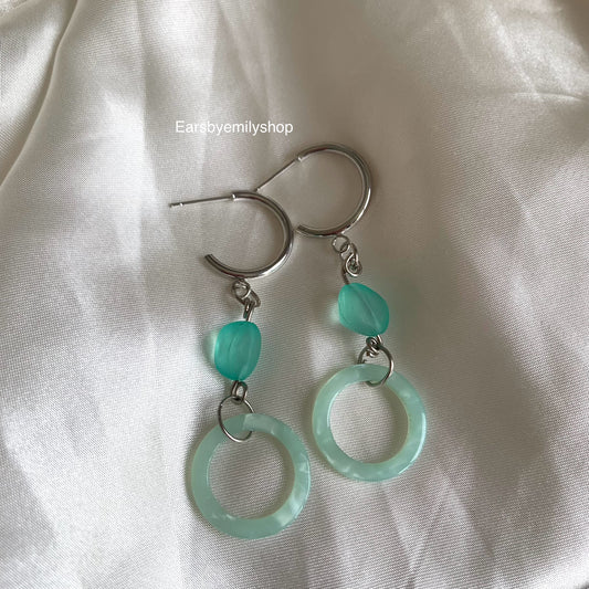 Cool silver handmade mint green blue circle and bead studs hoop earrings