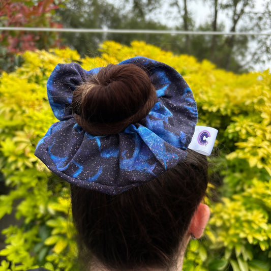 Big handmade navy blue unicorn galaxy scrunchie