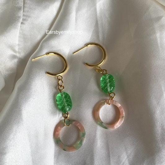 Cool gold handmade pink and green circle with green bead studs hoop earrings