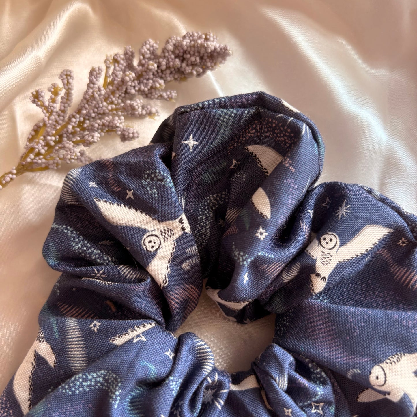 Big handmade blue midnight fantasy owl scrunchie