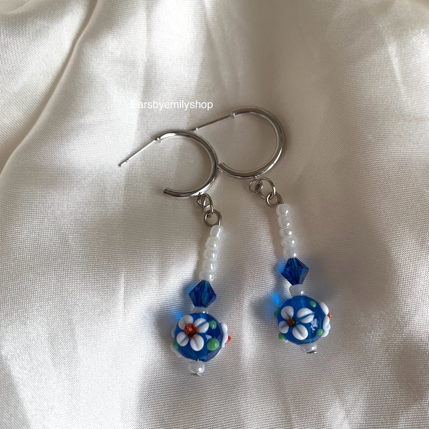 Cool silver handmade glass flower bead and blue Swarovski crystal studs hoop earrings