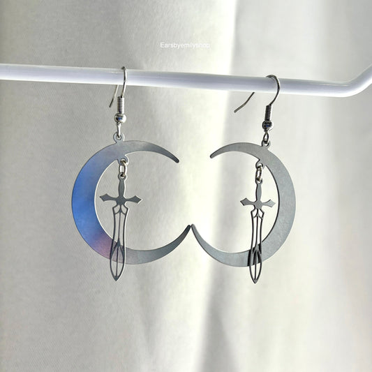 Large cool stainless steel moon with swords silver earrings