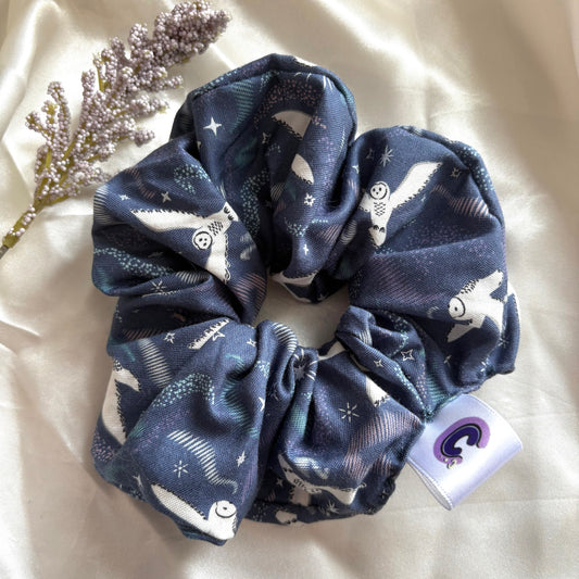 Big handmade blue midnight fantasy owl scrunchie