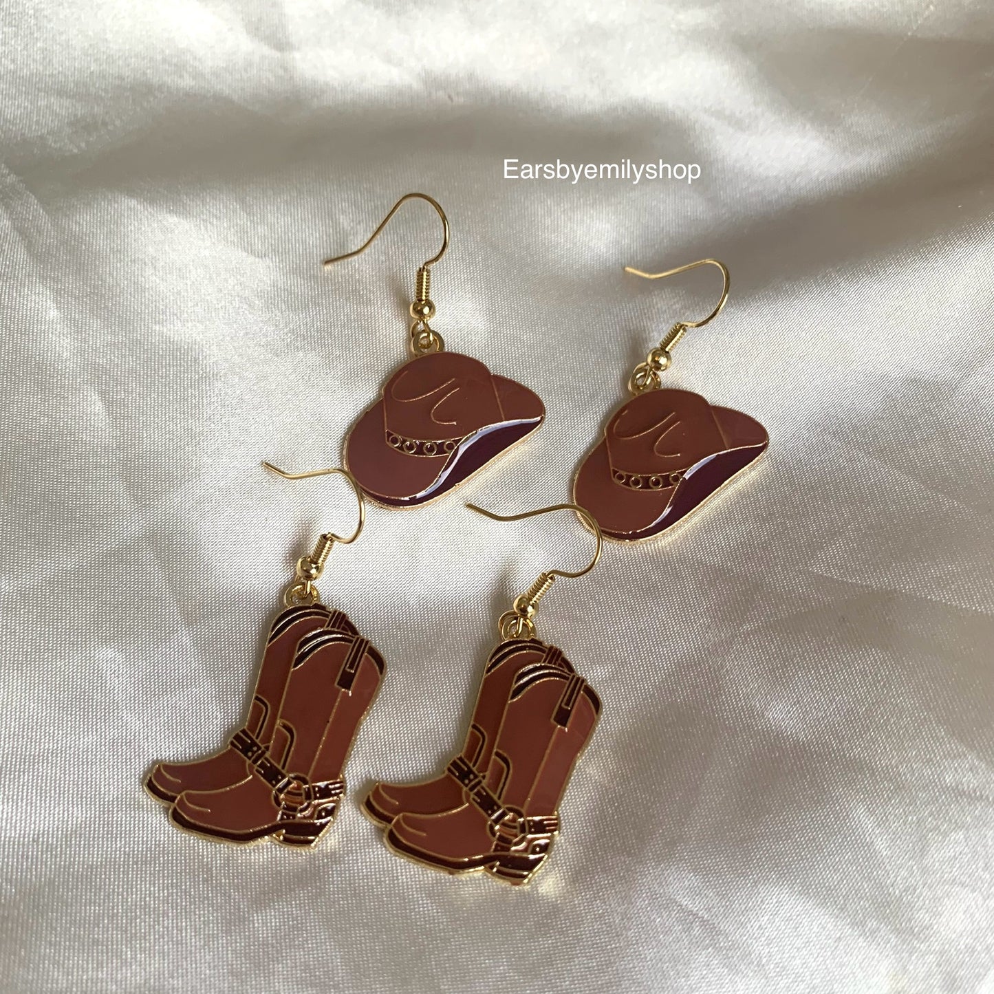 Brown cowboy boot and hat dangle gold earrings