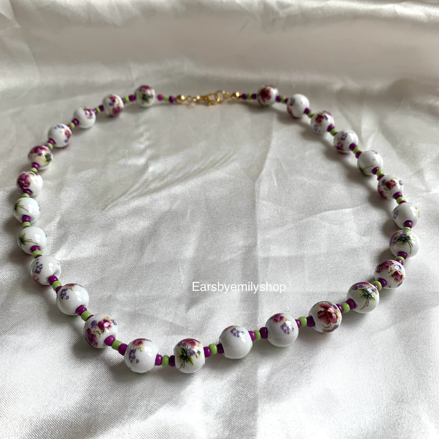 Purple, green and white ceramic beaded 24kt gold plated necklace